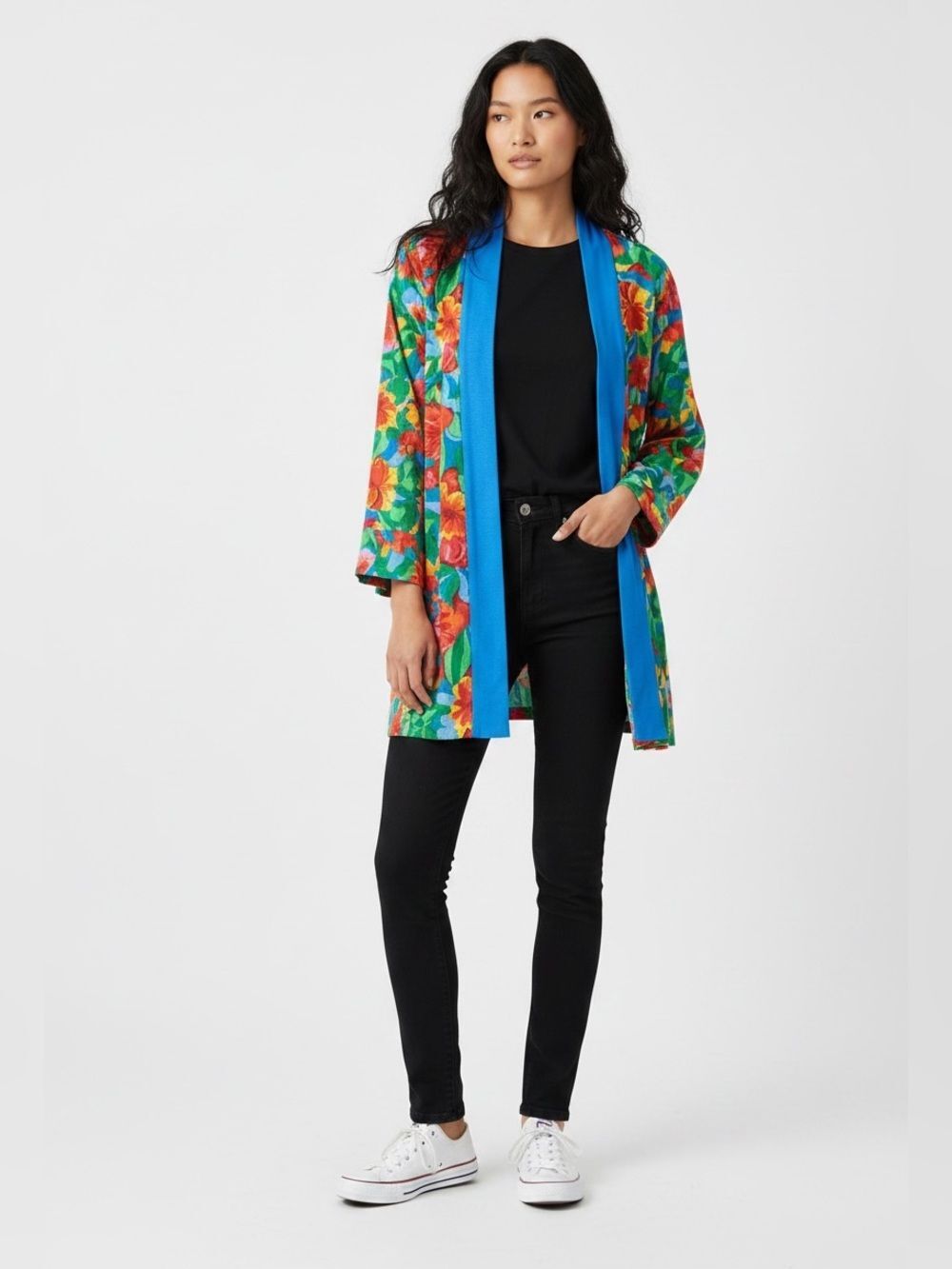 R&K Originals Boho Blue Green Red Floral Print Open Front Kimono L